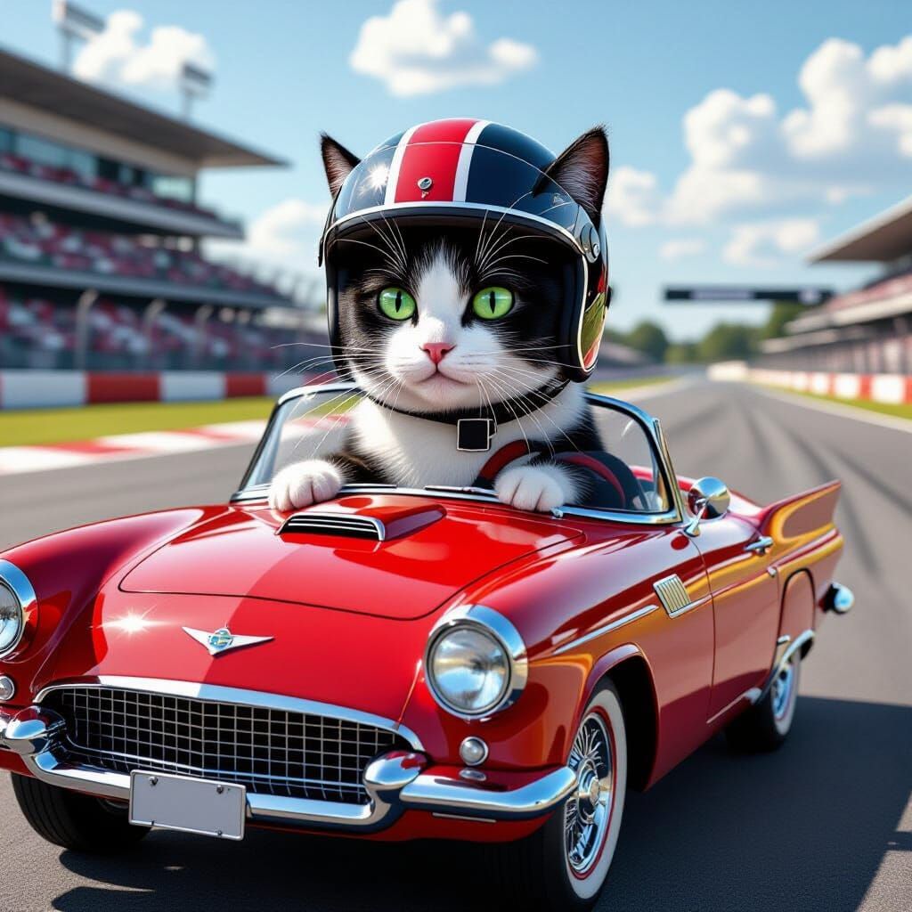 Tuxedo Cat Races Vintage Car in High Contrast Black and Whit...