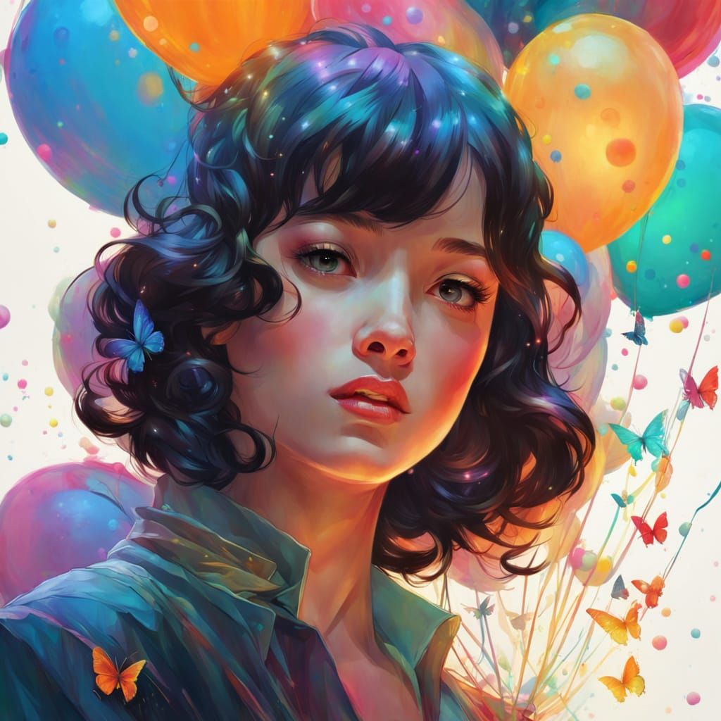 Girl with Rainbow Balloons in Disney Style