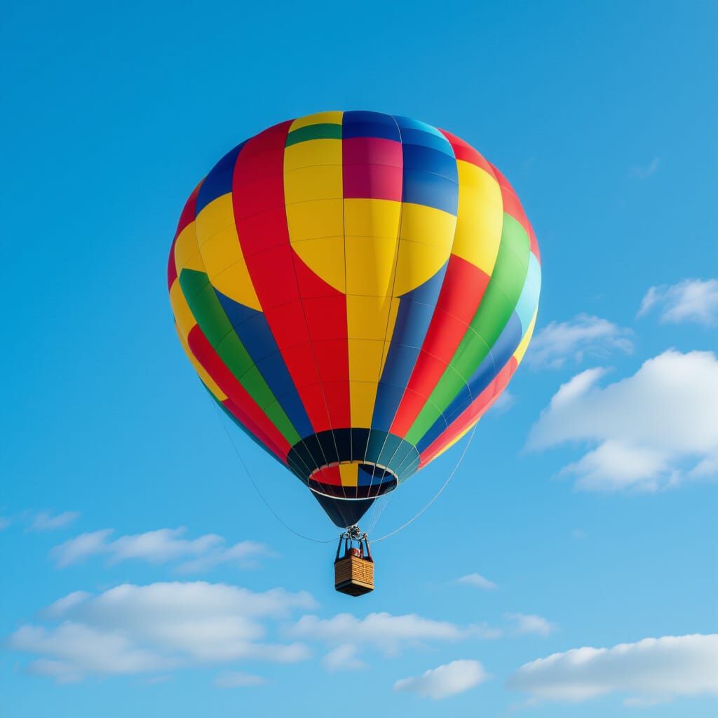 Colorful Hot Air Balloon Soars Through Vibrant Blue Sky