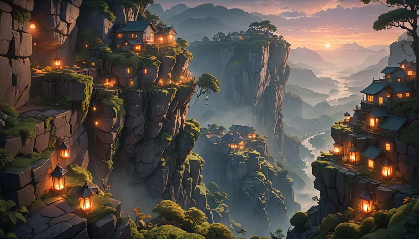 City View from Cliffside in Anime Style