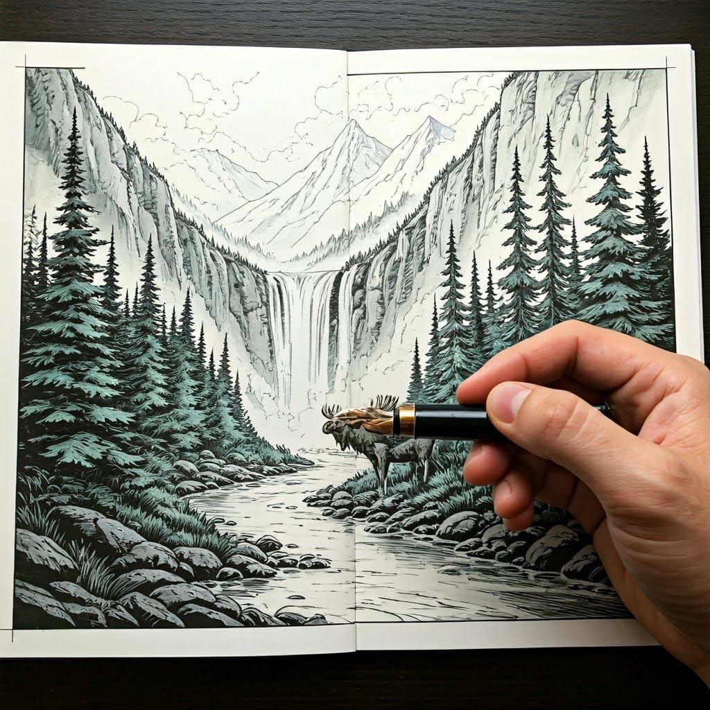 Mountain Landscape Illustration with Waterfall and Moose