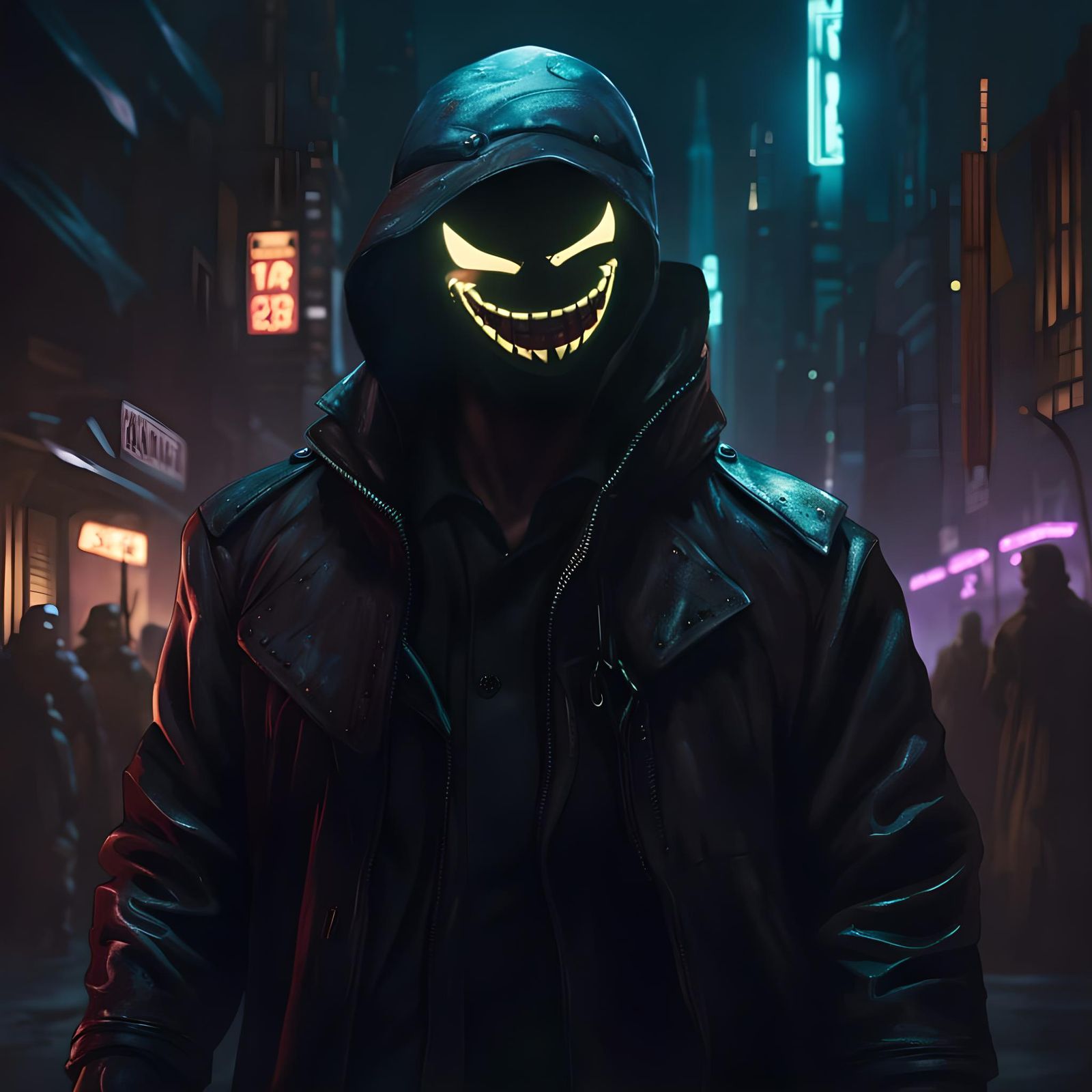 Cyberpunk Killer with Creepy Mask in Grim City