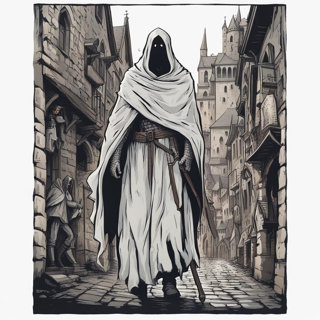 Ethereal Ghost Warrior in Medieval Cityscape