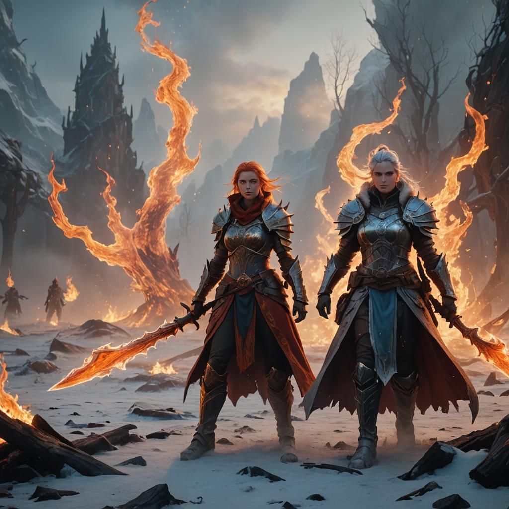 Fantasy Battlefield: Warrior and Mage in Flames