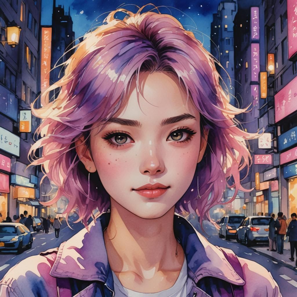 Anime Woman with Sly Smile in Cityscape