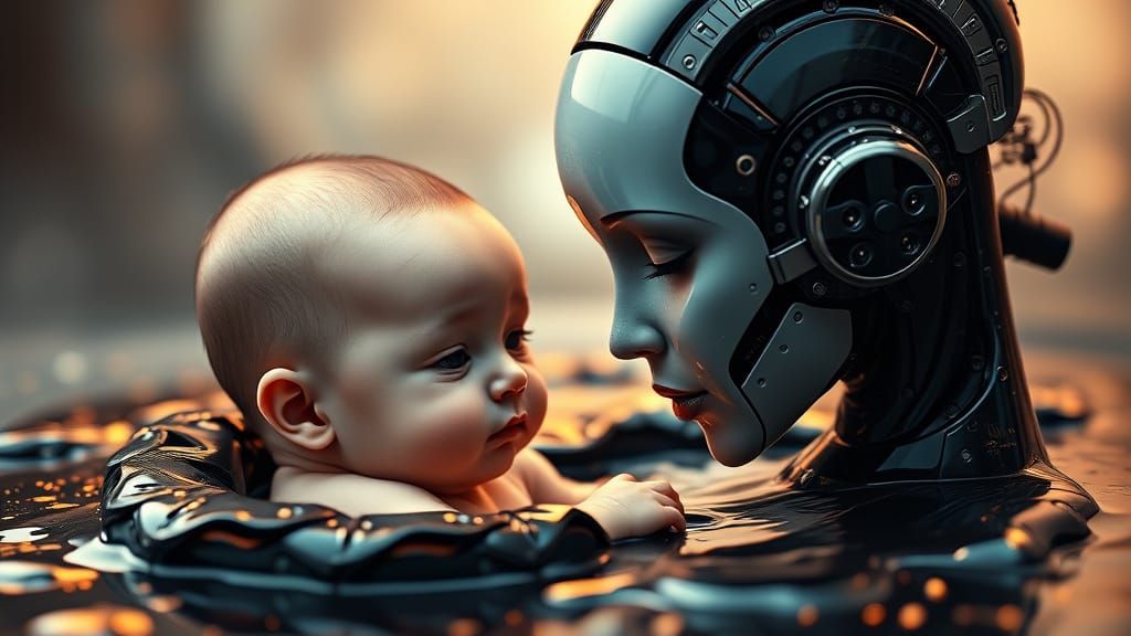 Surreal Android Mother Gazing Lovingly at Her Adorable Baby