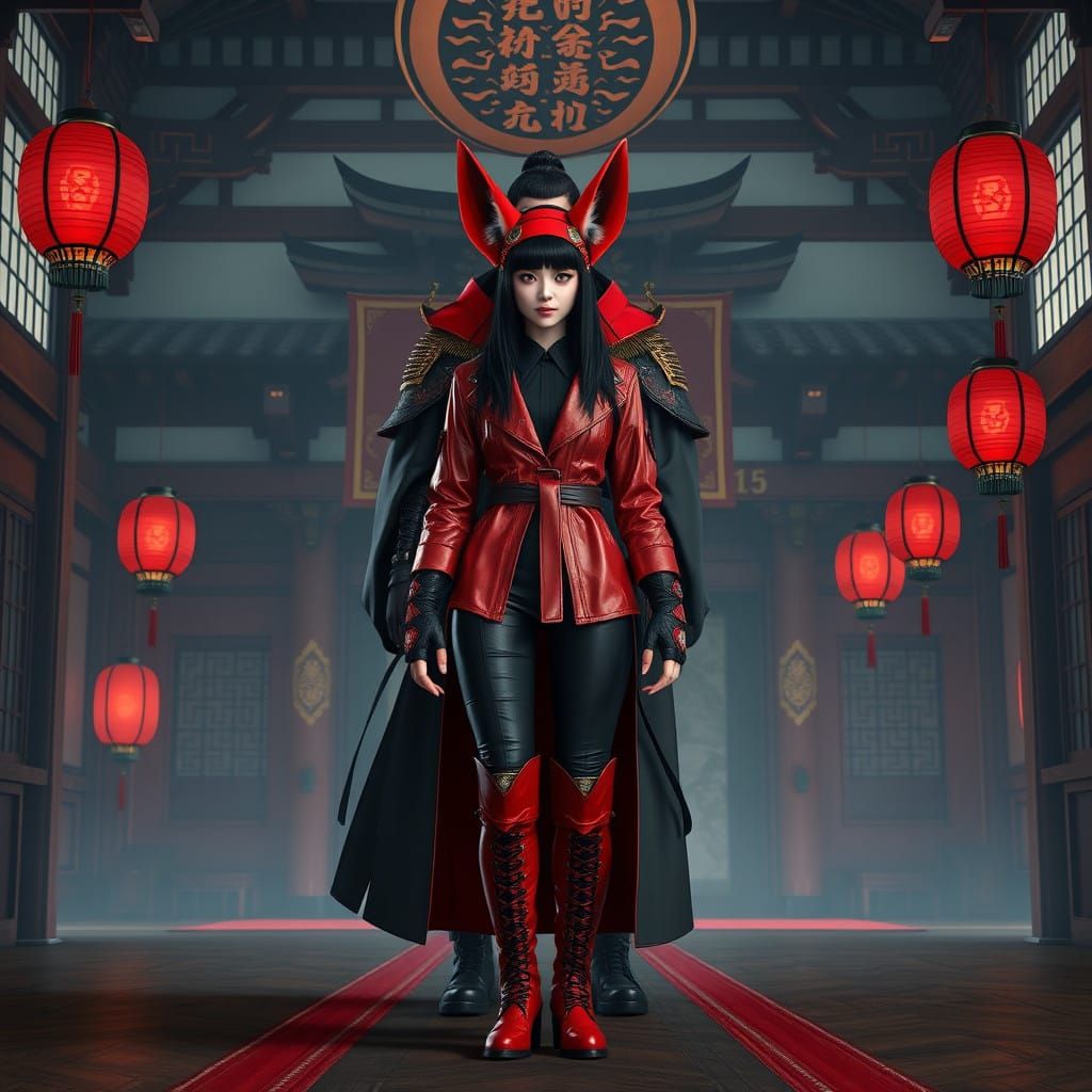 Regal Goth Queen with Fennec Fox Ears in Traditional Japanes...