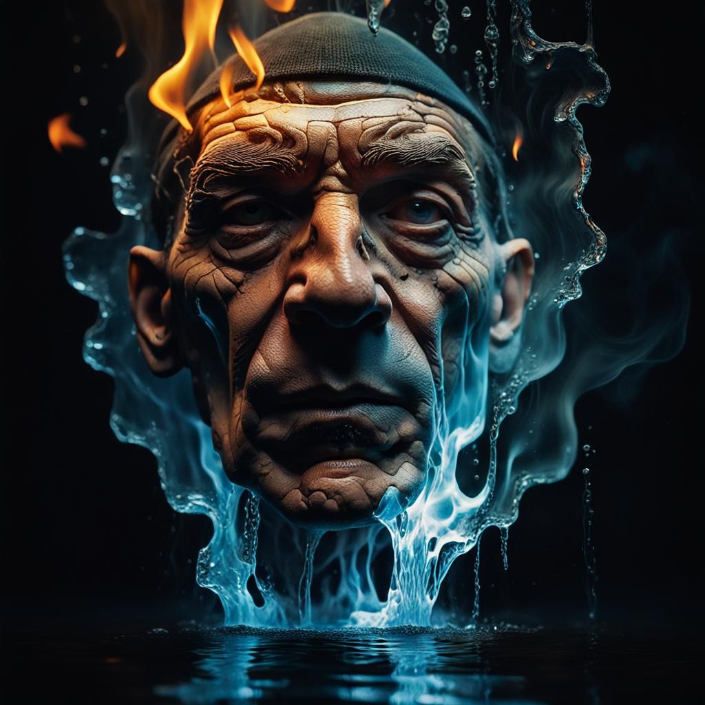 Surreal Face with Fires and Cascading Water