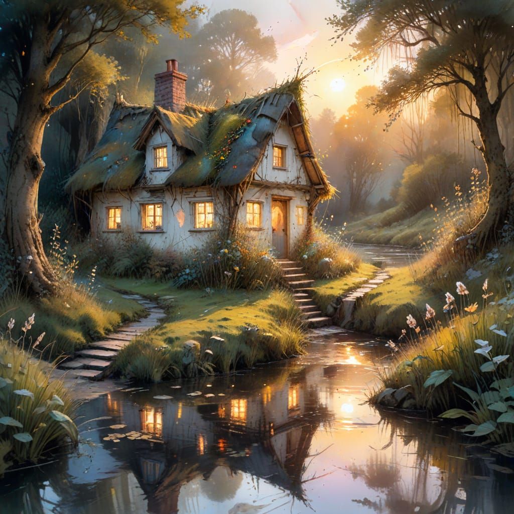Enchanted Cottage by Brook: Watercolor Sunset Scene