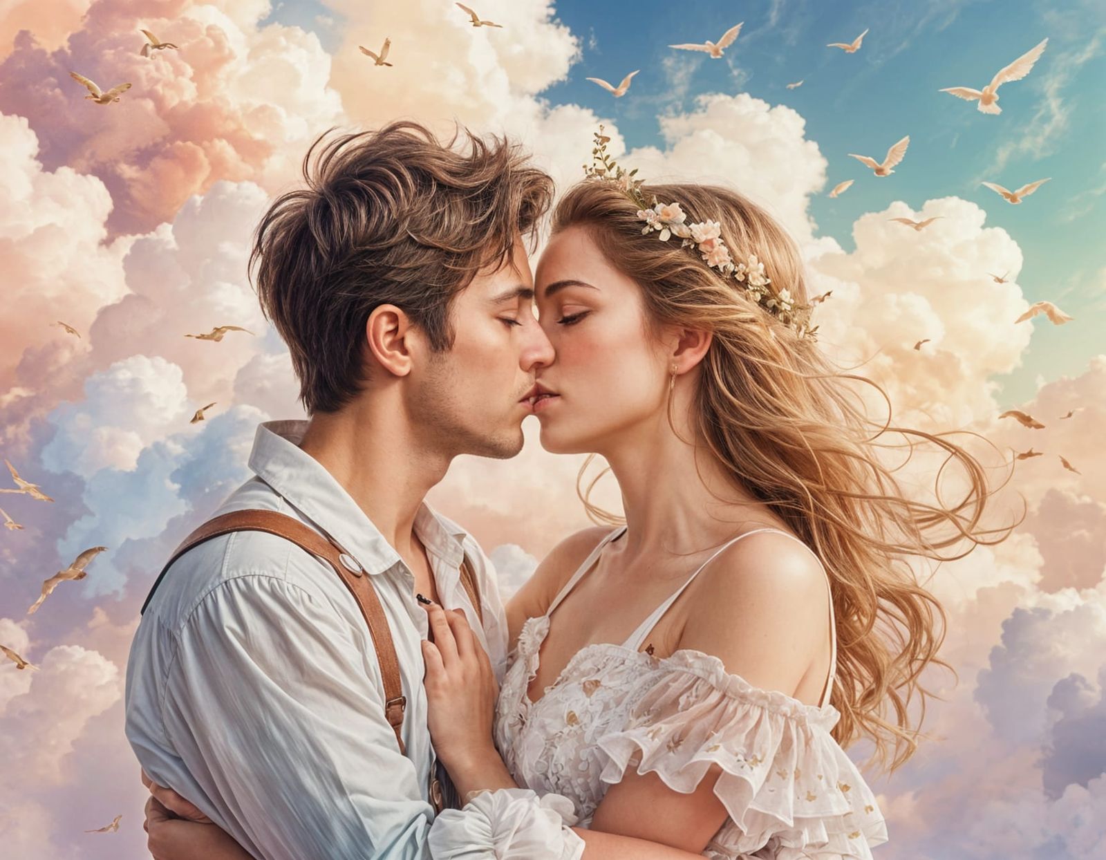 Ethereal Whimsical Fantasy Couple on Clouds in Soft Focus