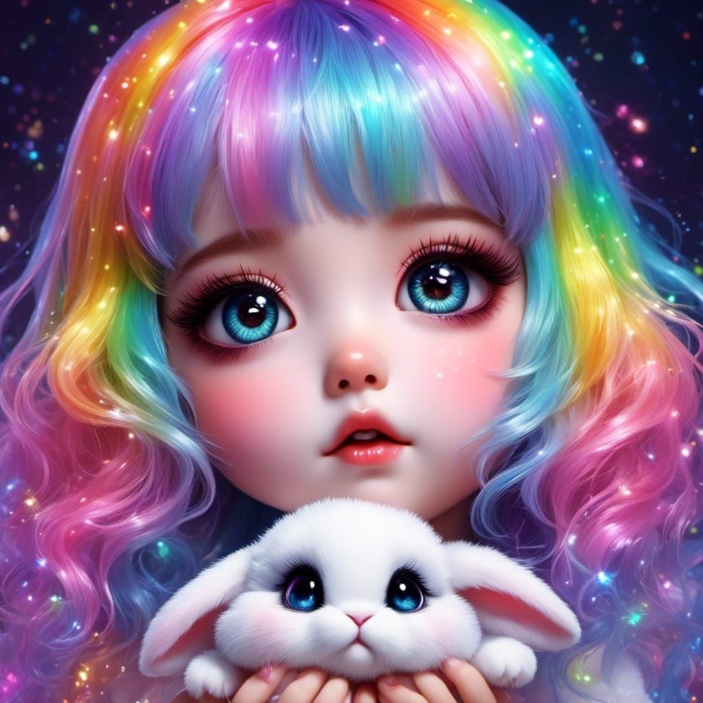 Cute Pastel Rainbow Bunny with Glittering Eyes