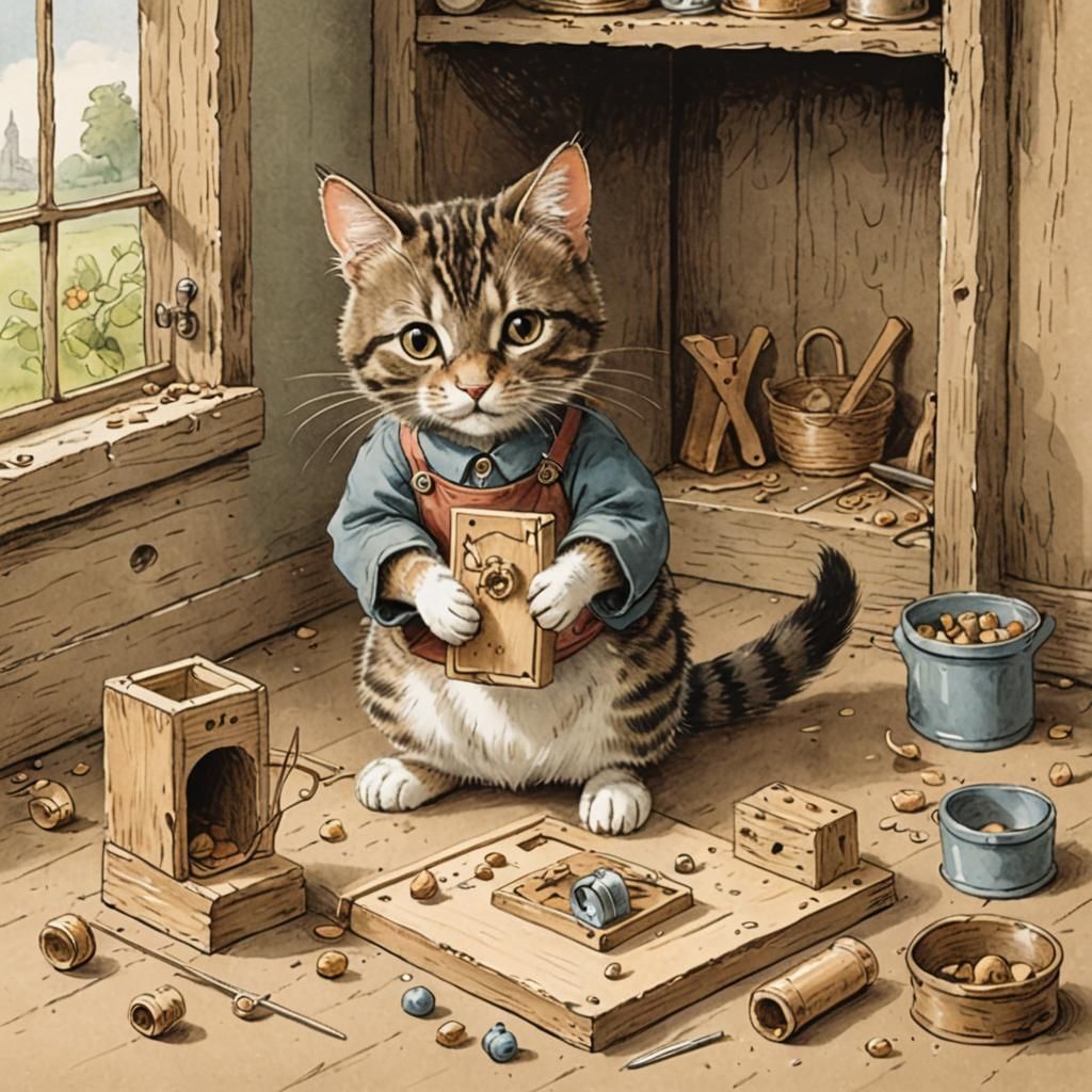 Cat Builds Mousetrap: Cute Cartoon in Potter Style