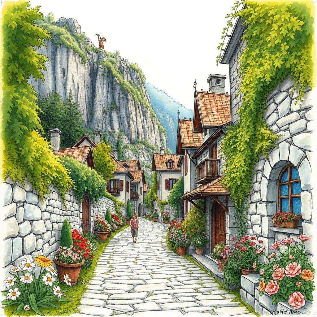 Whimsical Village Scene with Fantastical Creatures