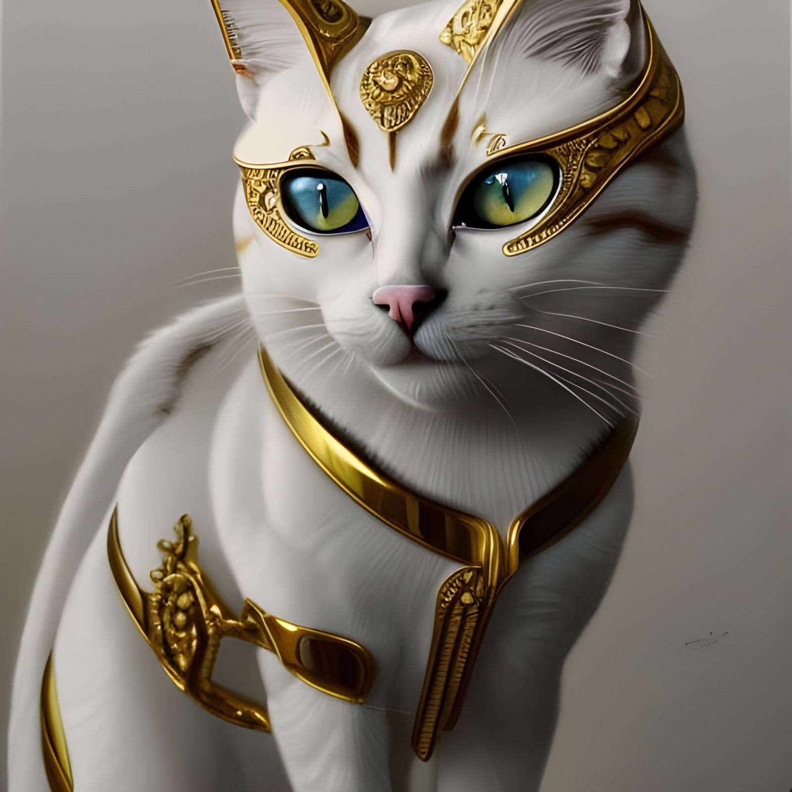 Intricate Ivory Cat Sculpture with Gold Accents