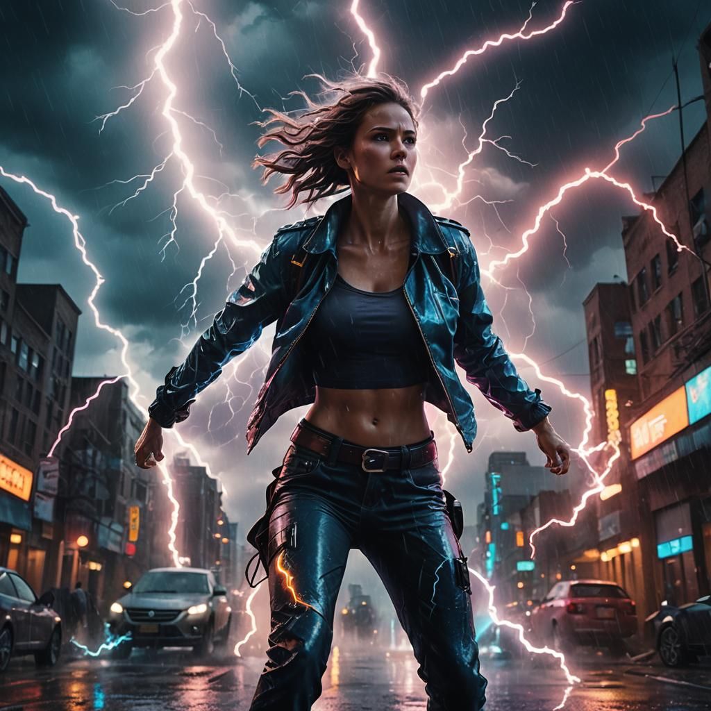 Electrifying Girl in Stormy Cityscape Concept Art