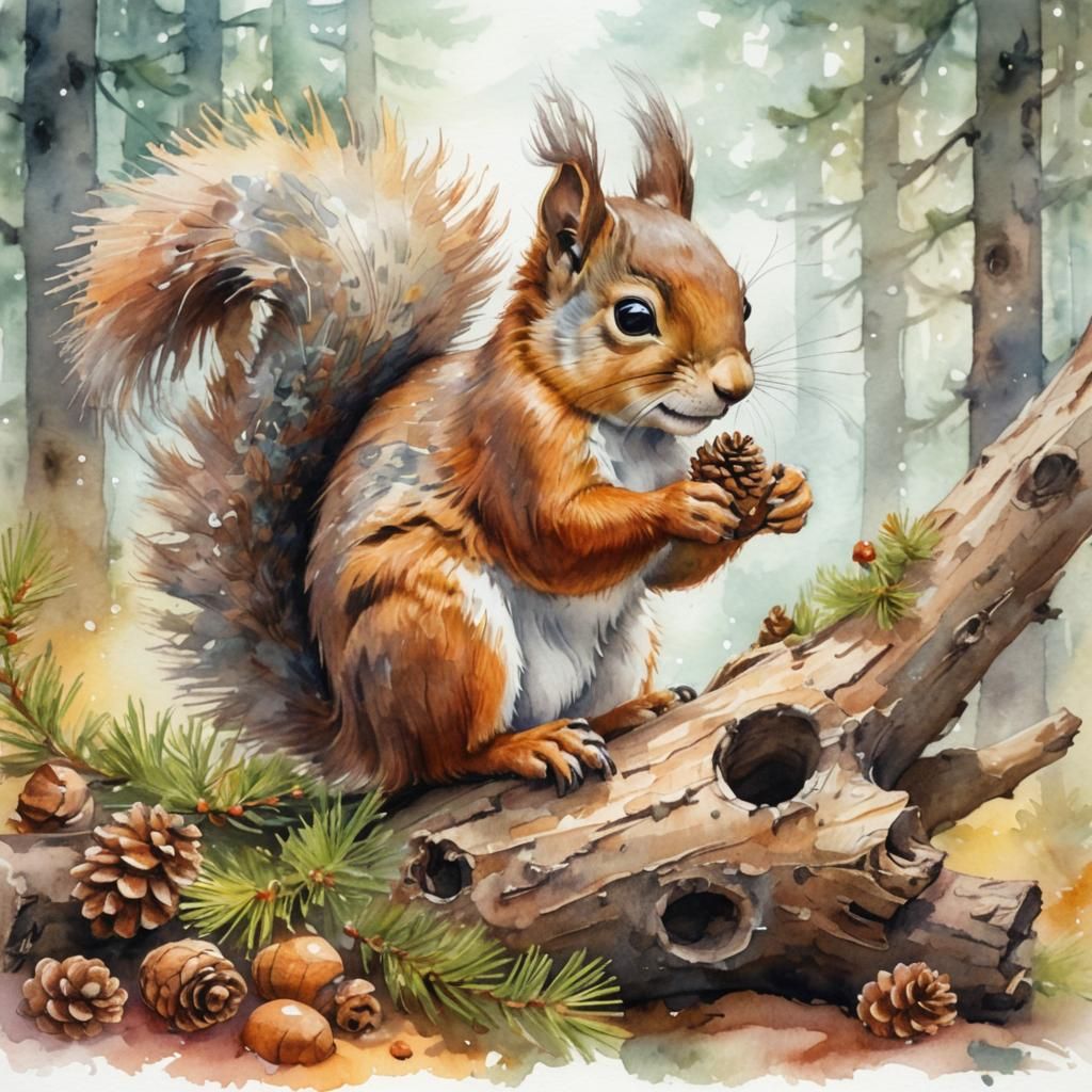 Squirrel in Watercolor Wonderland Forest, Fractal Art