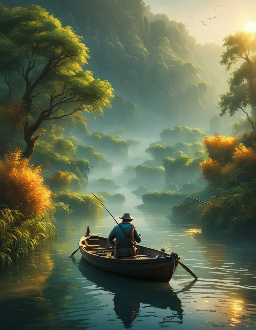 Kingfisher and Fisherman: Dreamy Digital River Scene