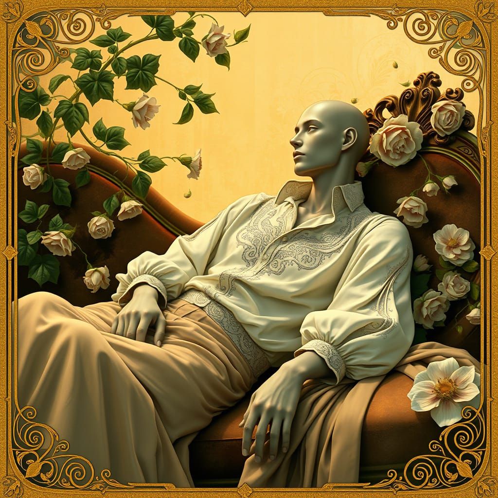 Android Male in Opulent Art Nouveau Setting with Pre-Raphael...