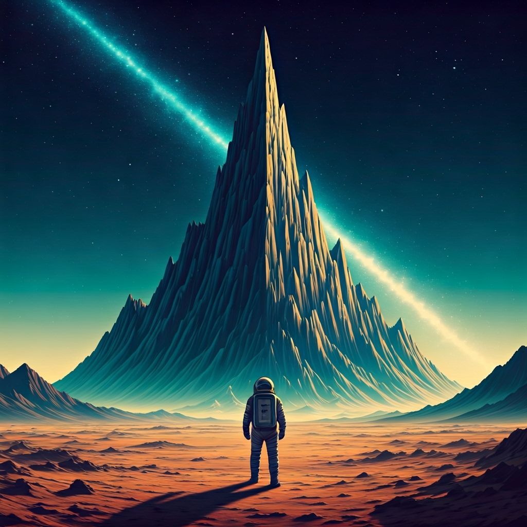 Astronaut Gazes at Alien Crystal Mountain in Nebula