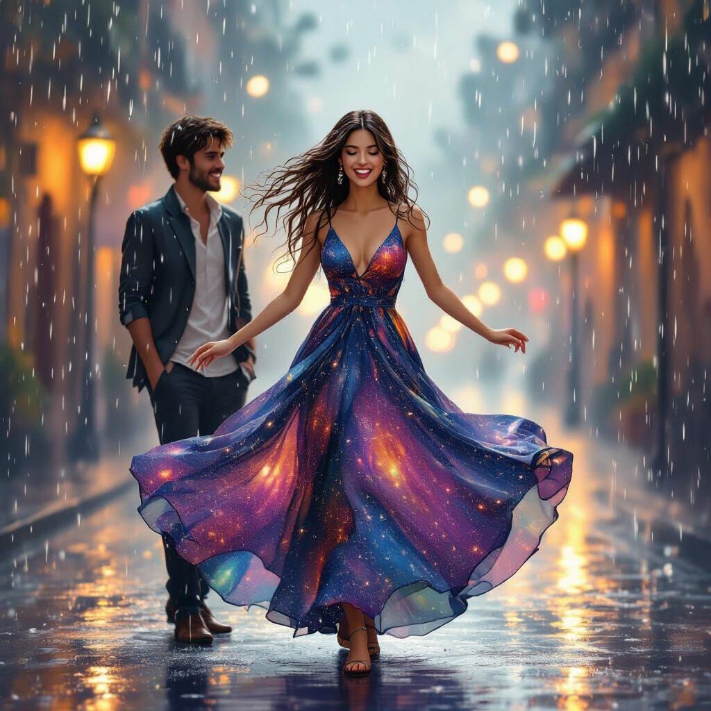 Couple Dancing in a Cosmic Rain Shower