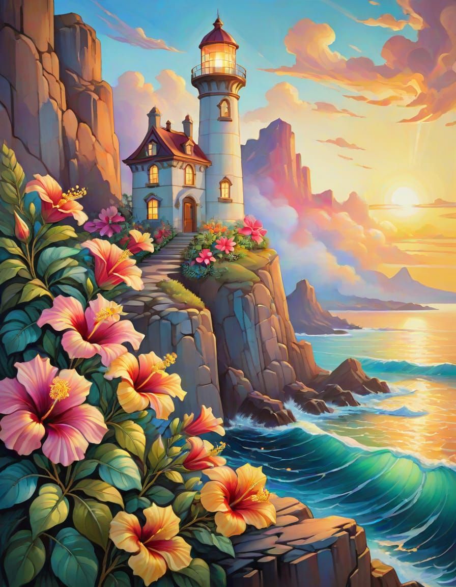 Crystal Lighthouse in Art Nouveau Oil Painting
