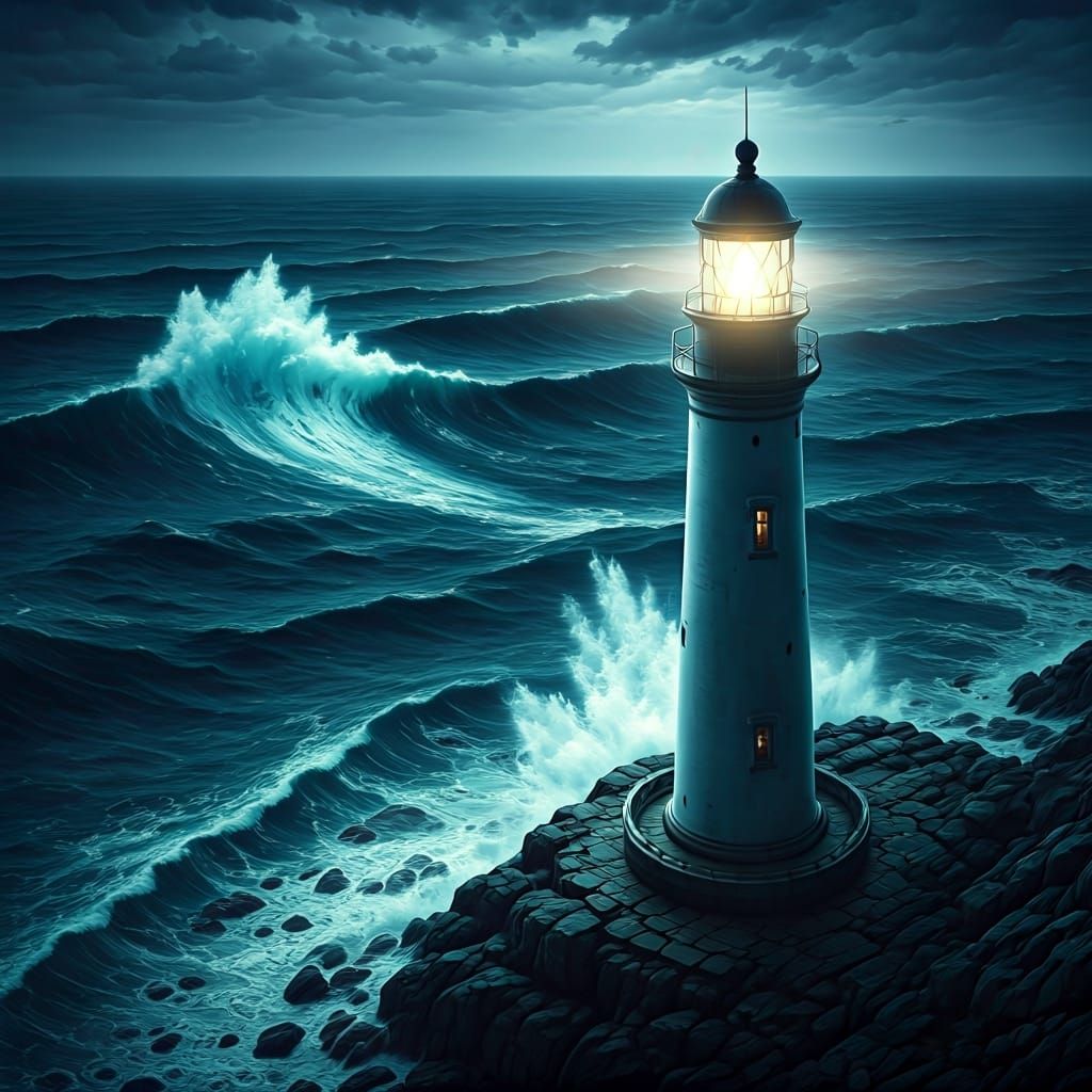 Lighthouse Against Stormy Sea in Dramatic Style