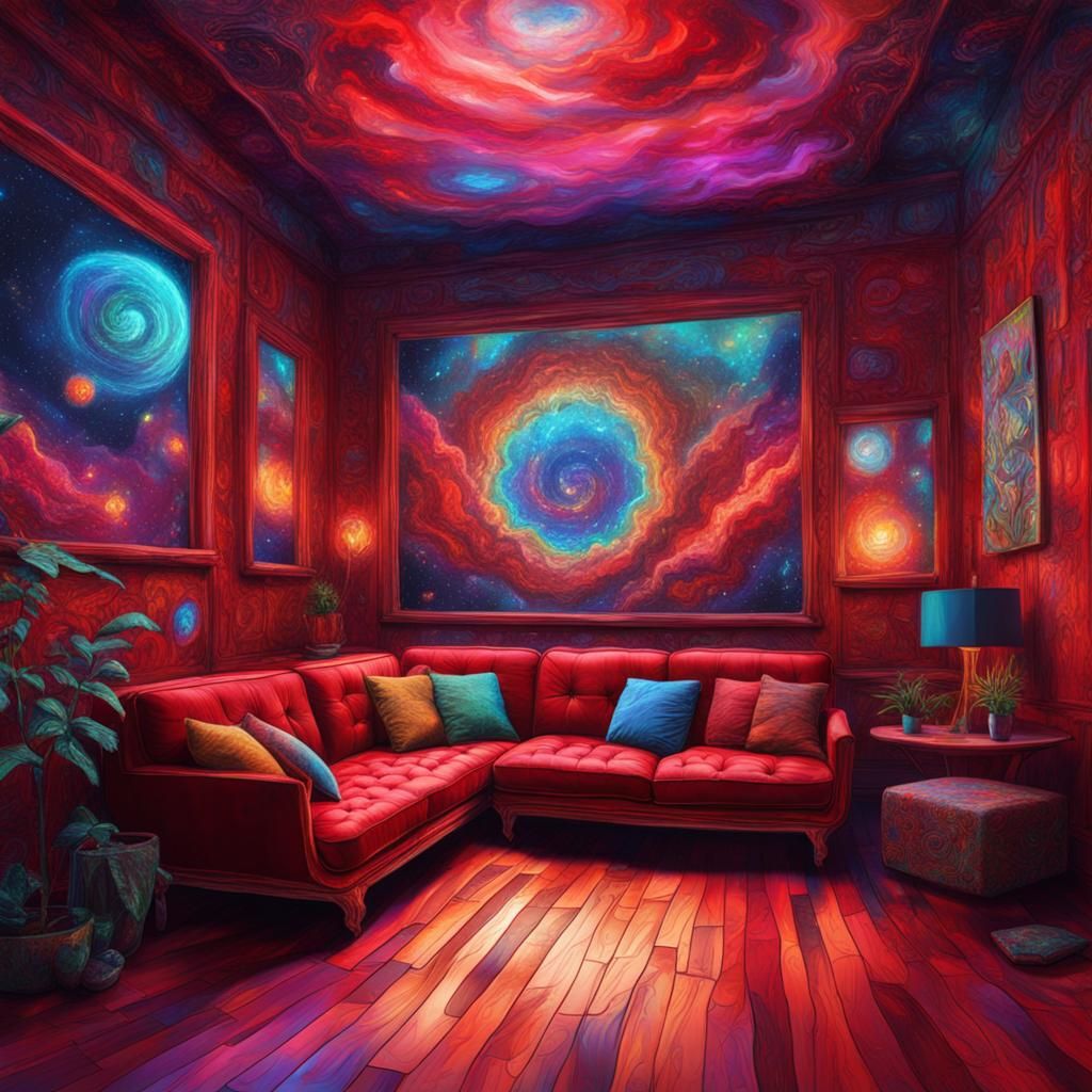 Psychedelic Red Couch in Cosmic Astral Style