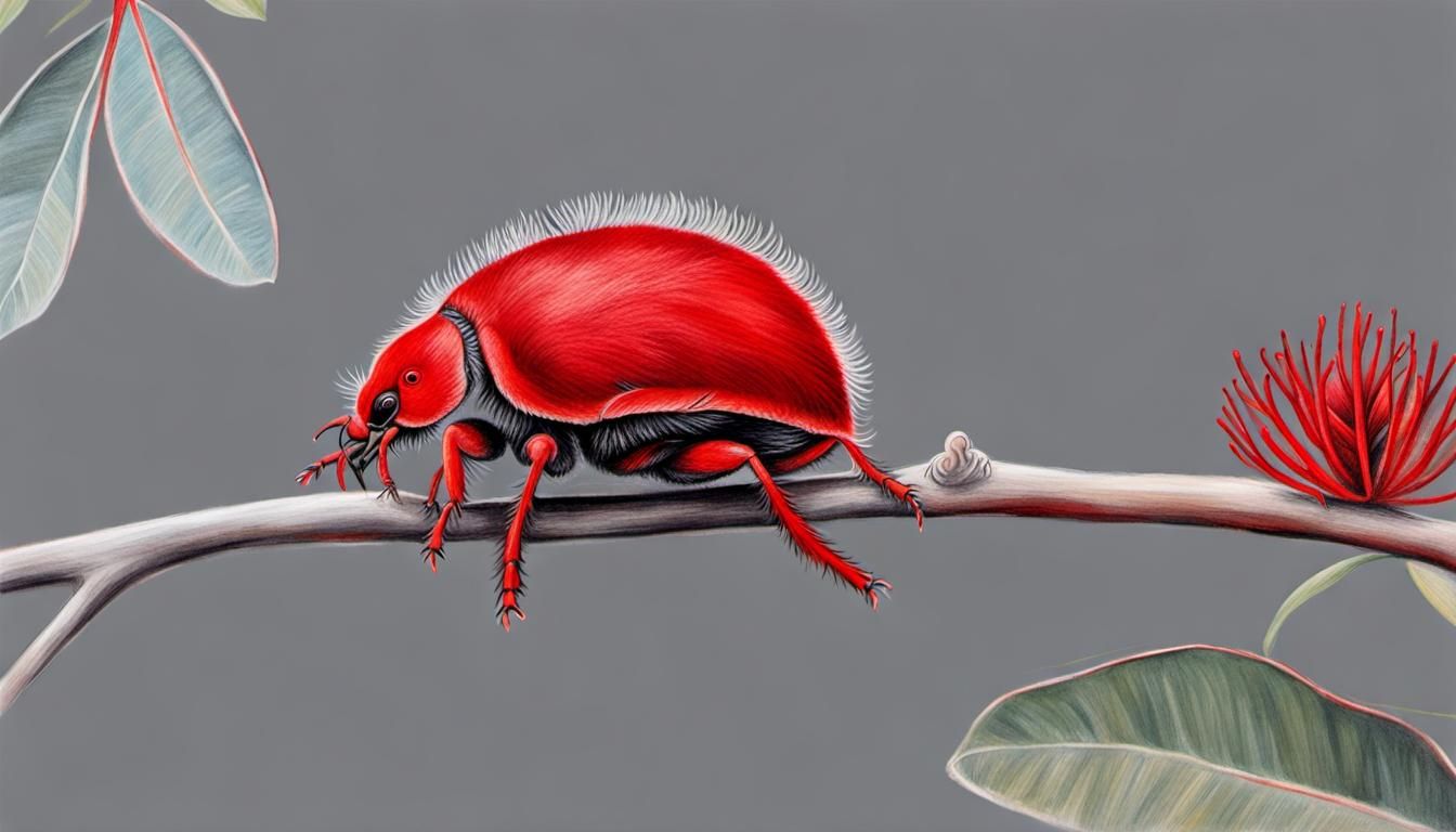 Stylized Red Velvet Mite with Eucalyptus Twigs