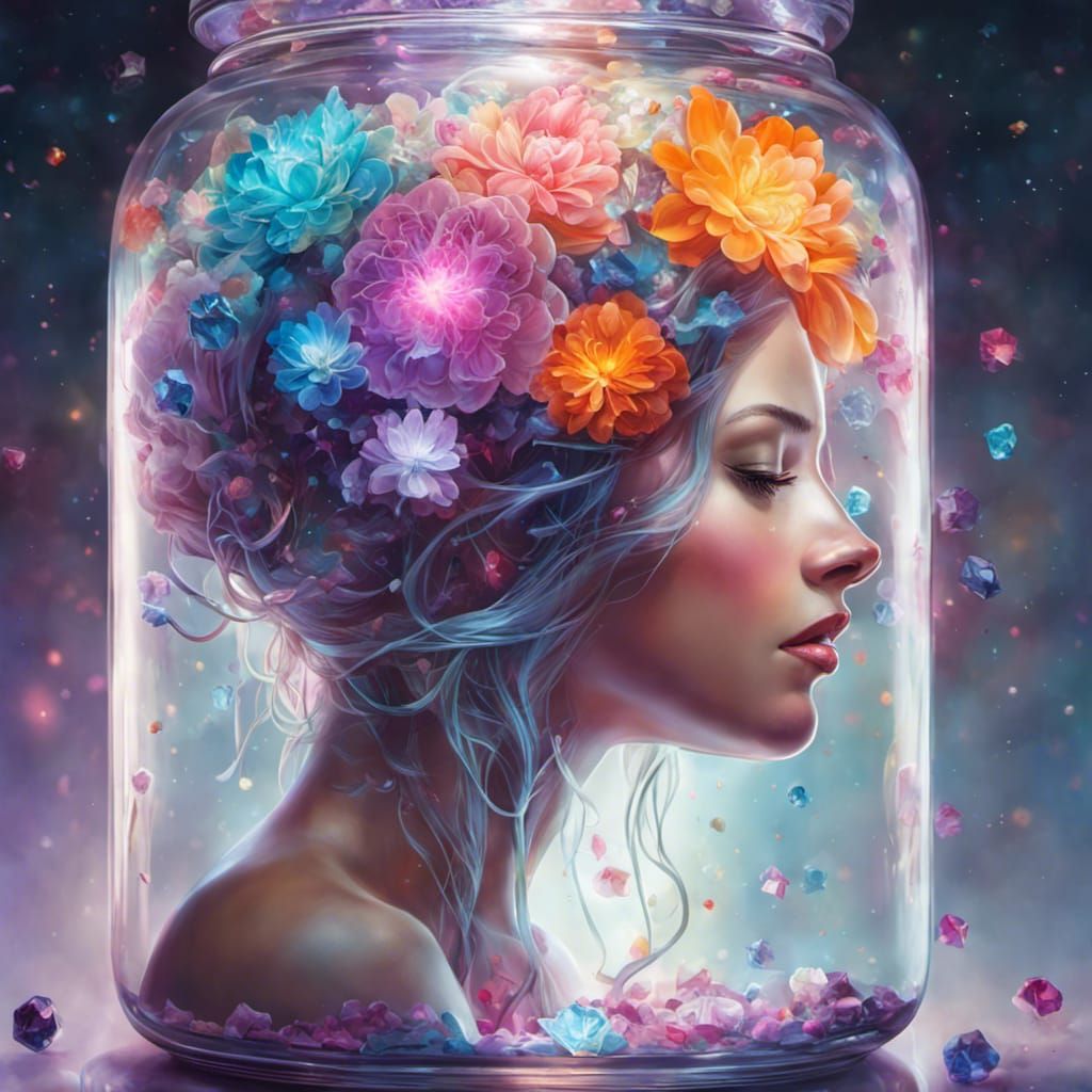 Brain Portrait with Crystals and Flowers