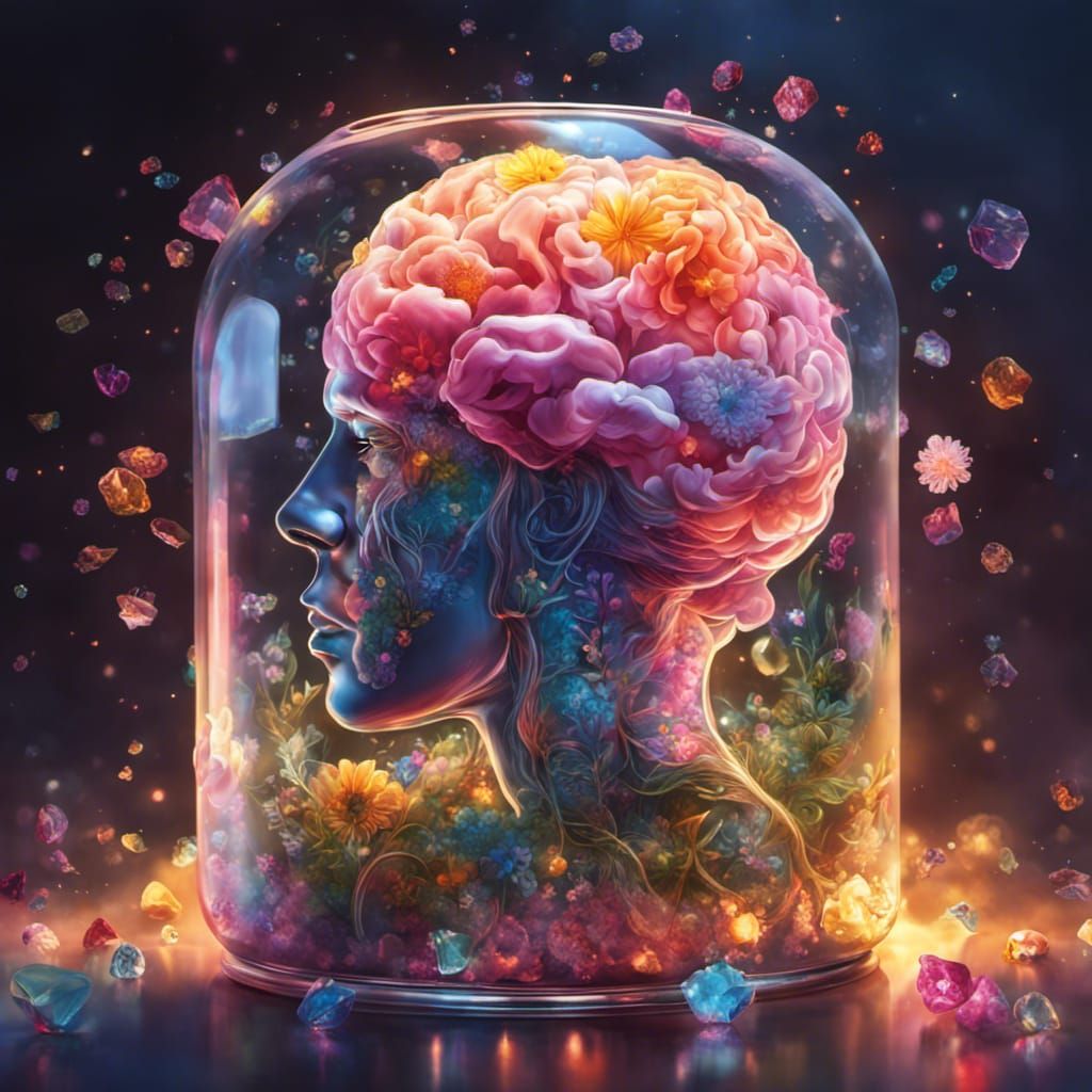 Brain Portrait with Crystals and Flowers