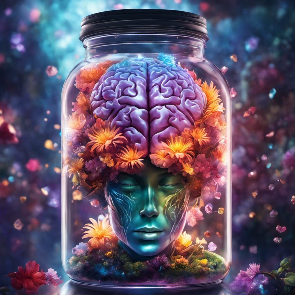 Brain Portrait with Glowing Crystals and Flowers