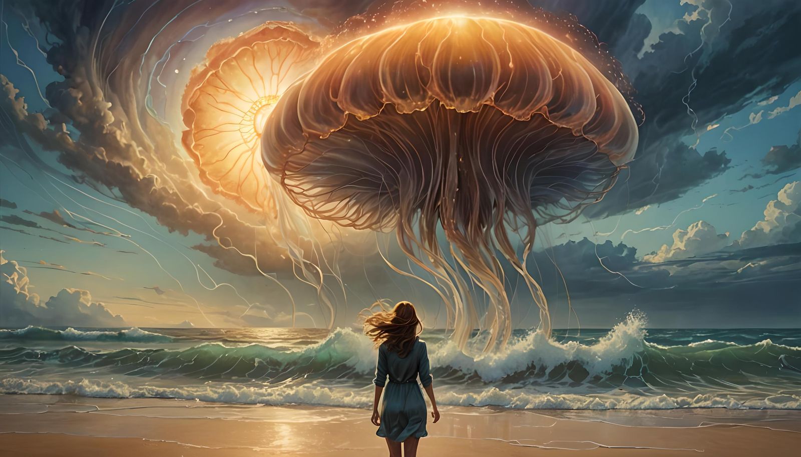 Woman Watches Giant Jellyfish Over Ocean