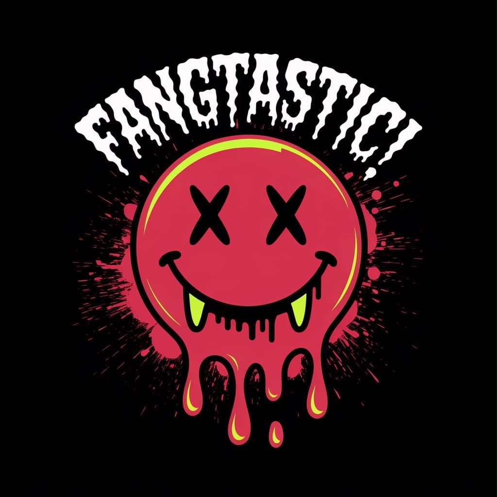 Glowing Red Smile Face with Fangs and Splatter in Black Back...