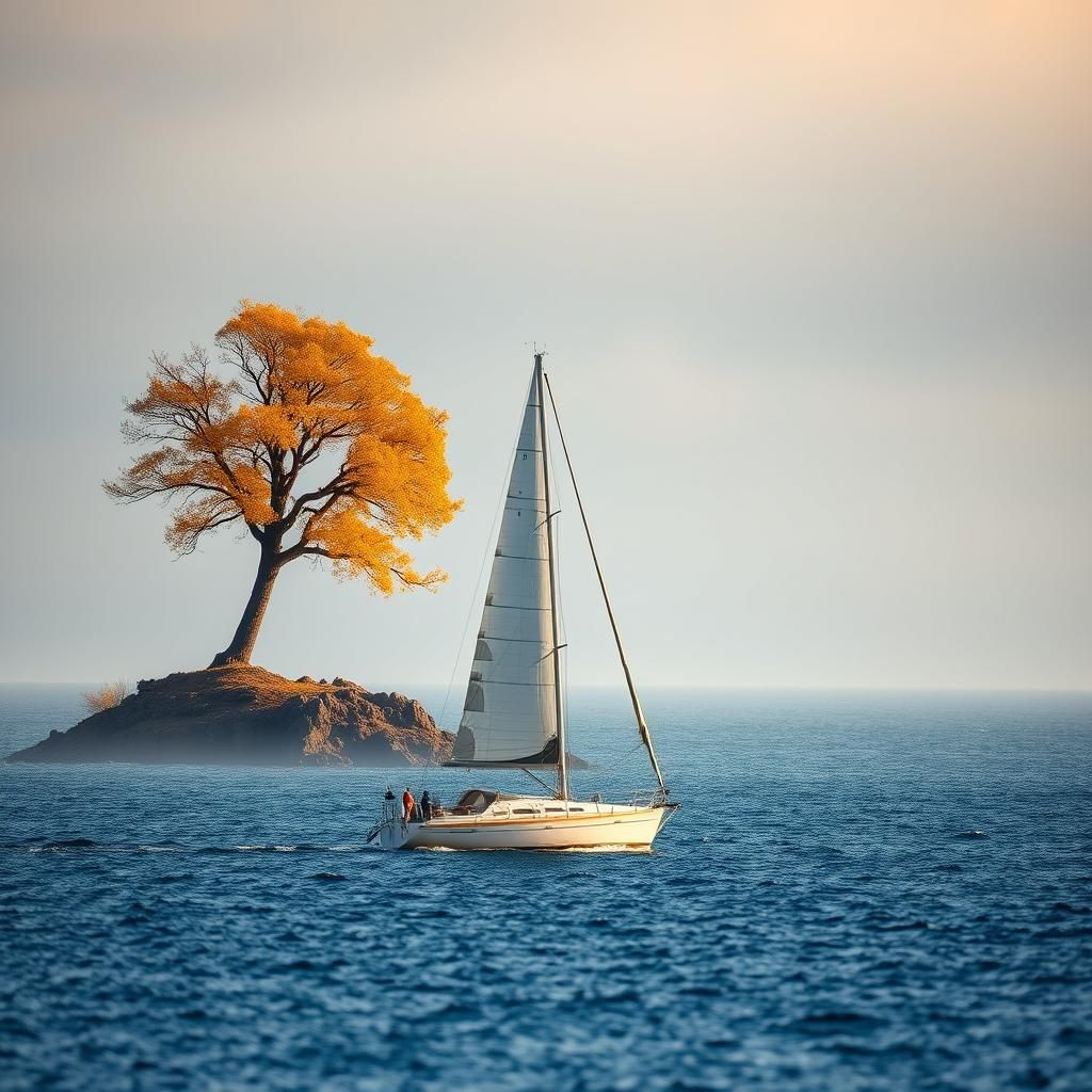 Lone Sailboat Drifts from Autumn Island
