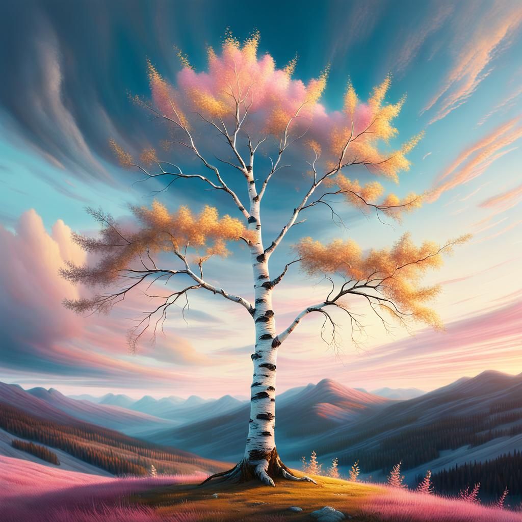 Mystical Birch Tree at Sunset: Ethereal Oil Painting