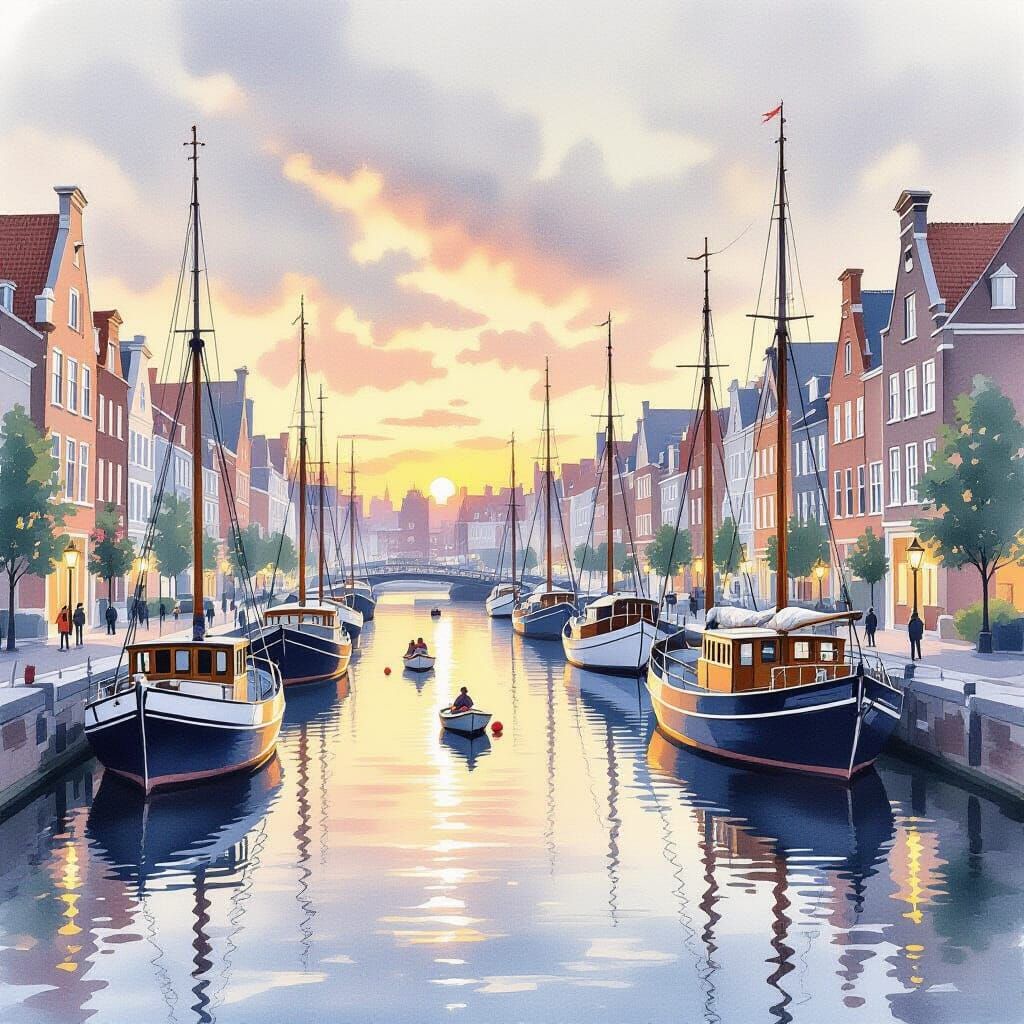 Serene Watercolor Harbor Scene with Sailing Ships