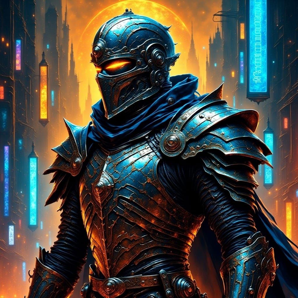 Science-Fantasy Knight in Cyberpunk Dystopia