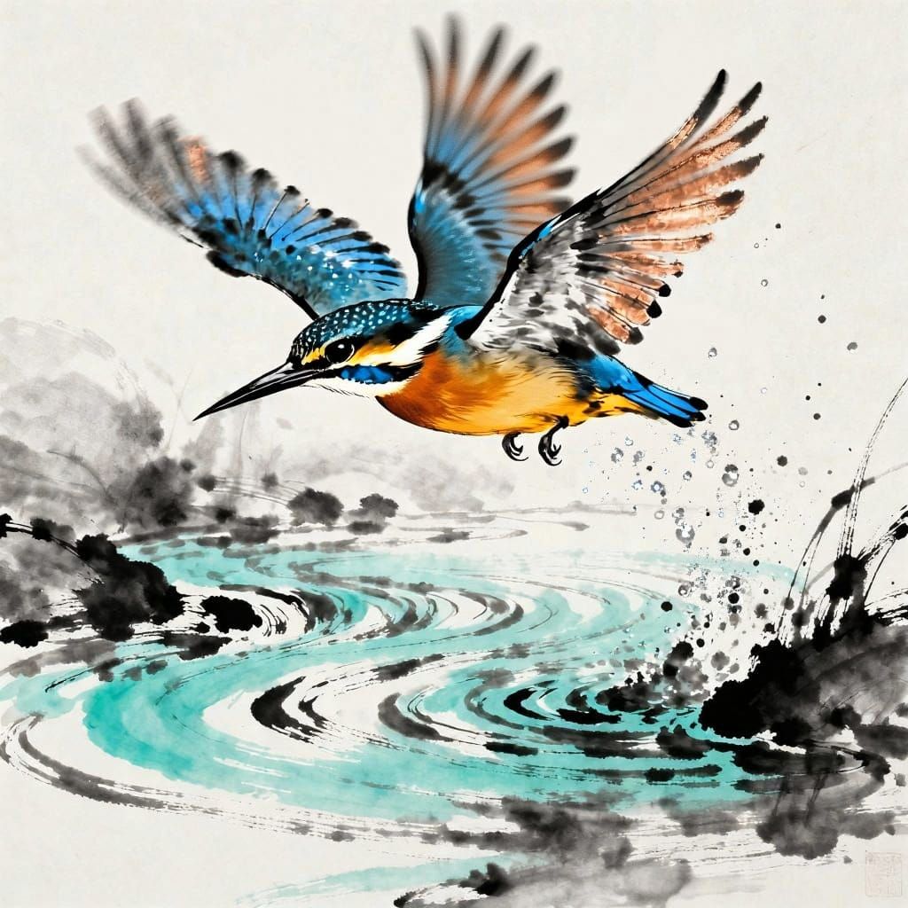 Kingfisher Mid-Dive in Ink and Wash Style