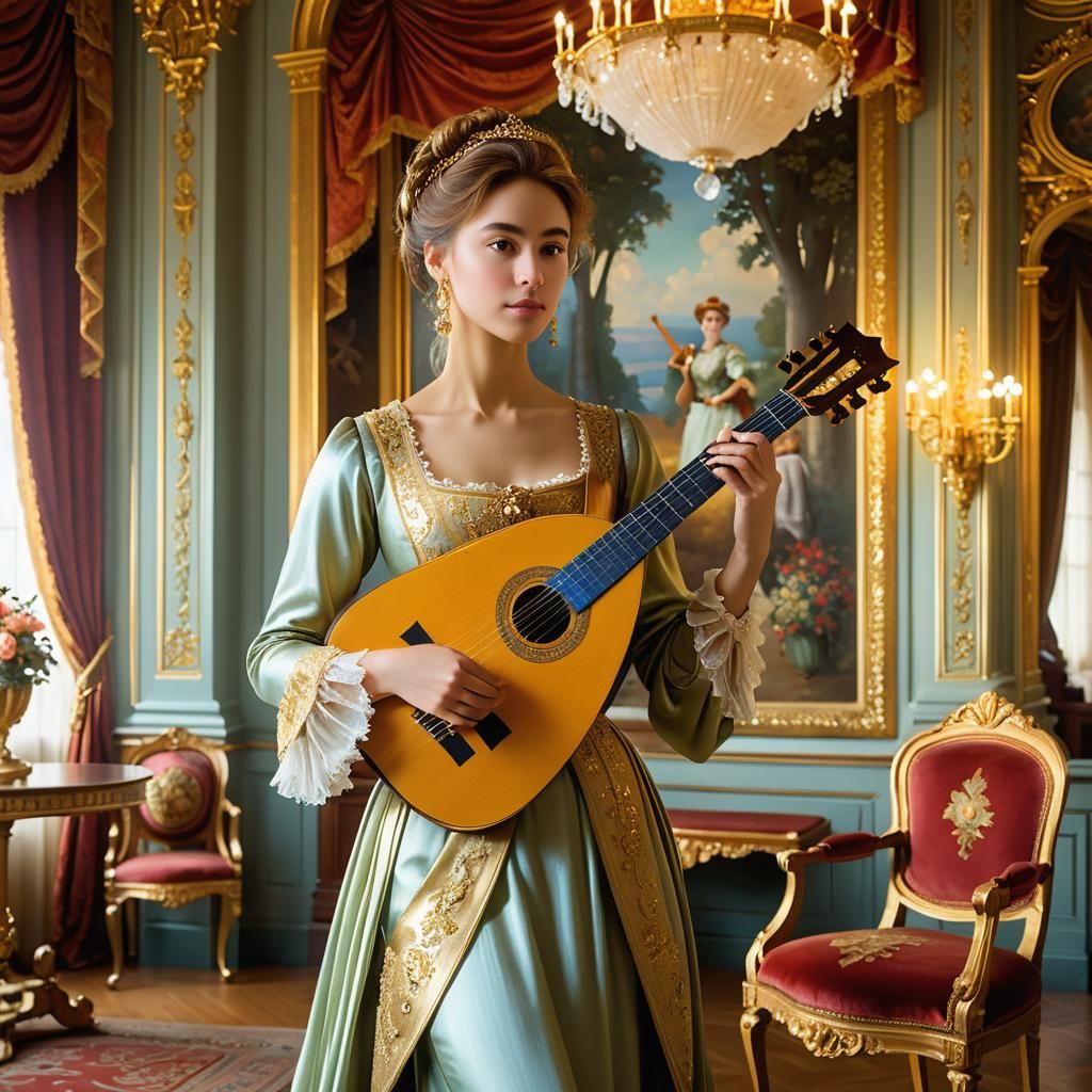 Woman with Lute in Grand Neoclassical Style