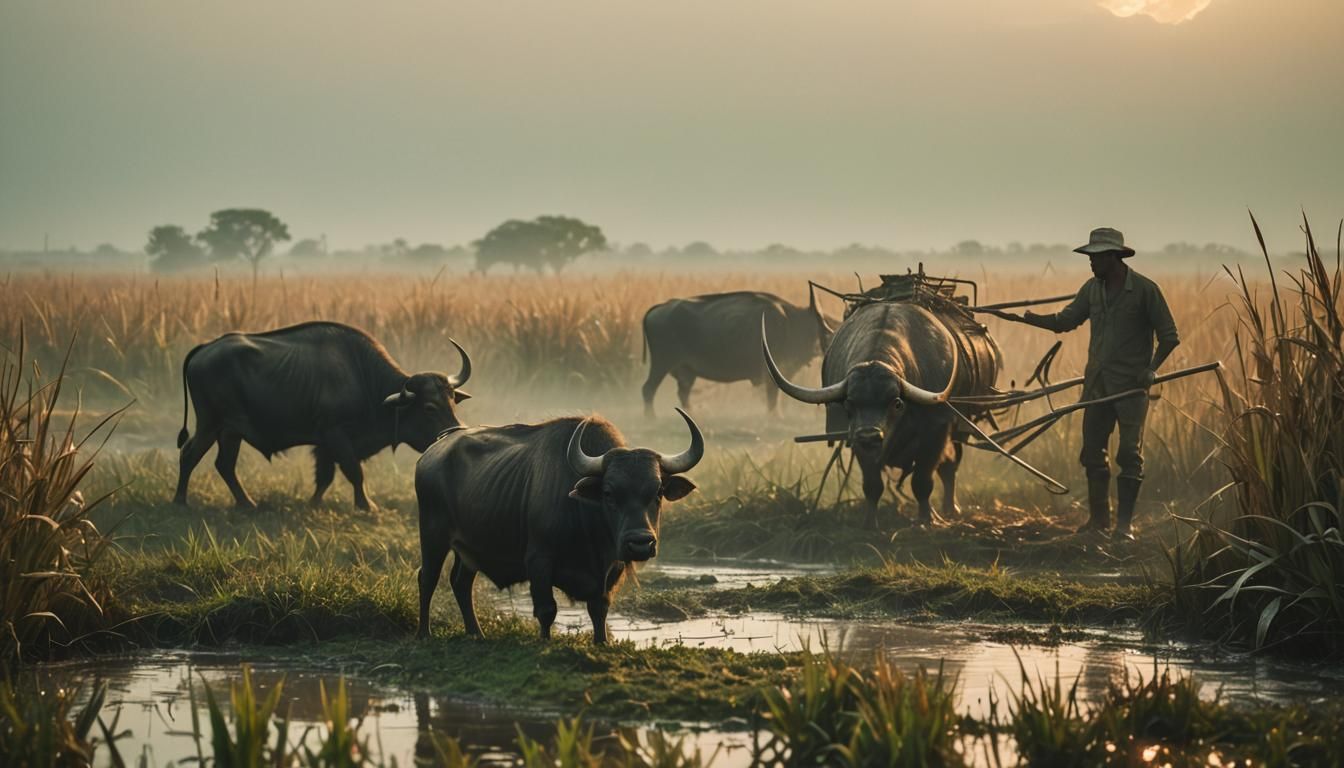 Water Buffalo in Misty Fen: Cinematic Film Still