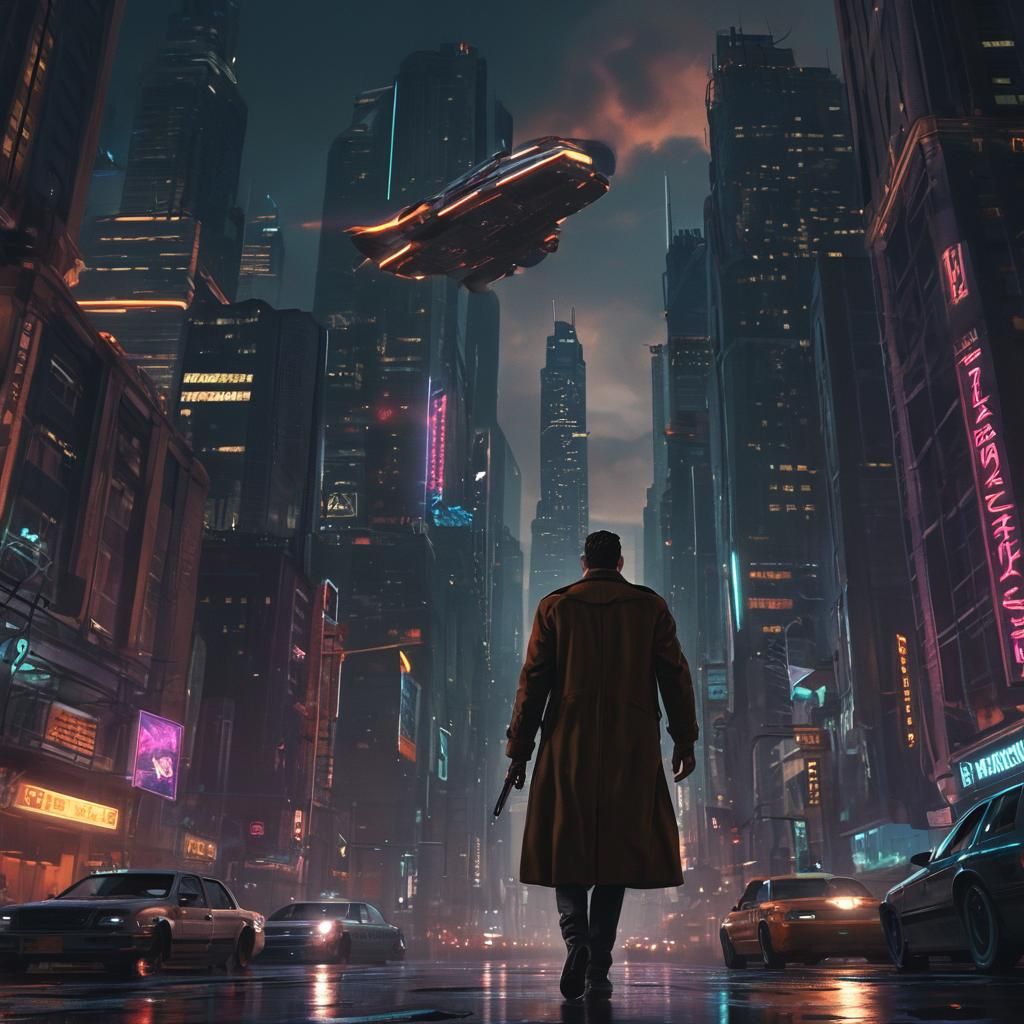 Film Noir Detective in Futuristic Cityscape