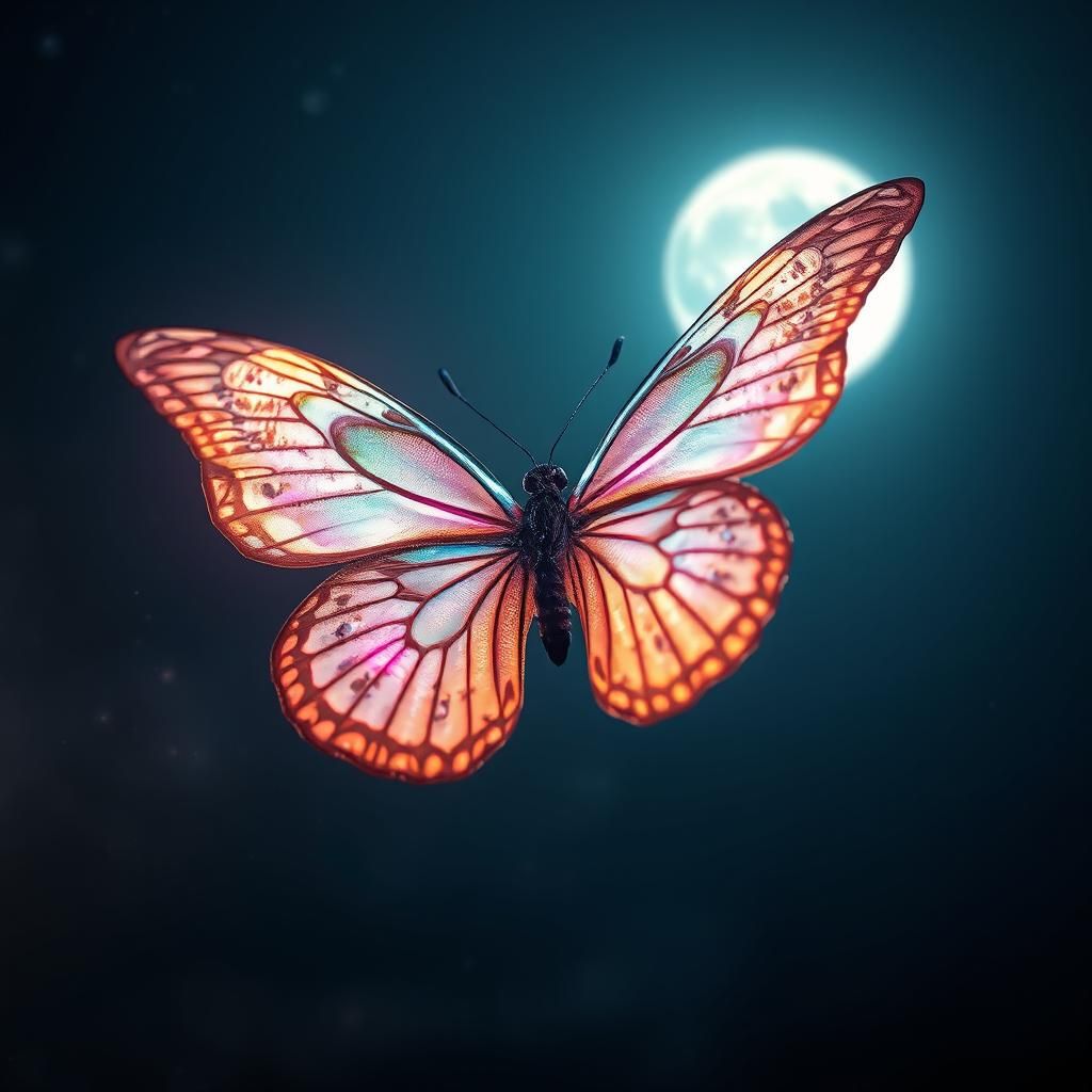 Iridescent Butterfly Flight to the Moon in HDR