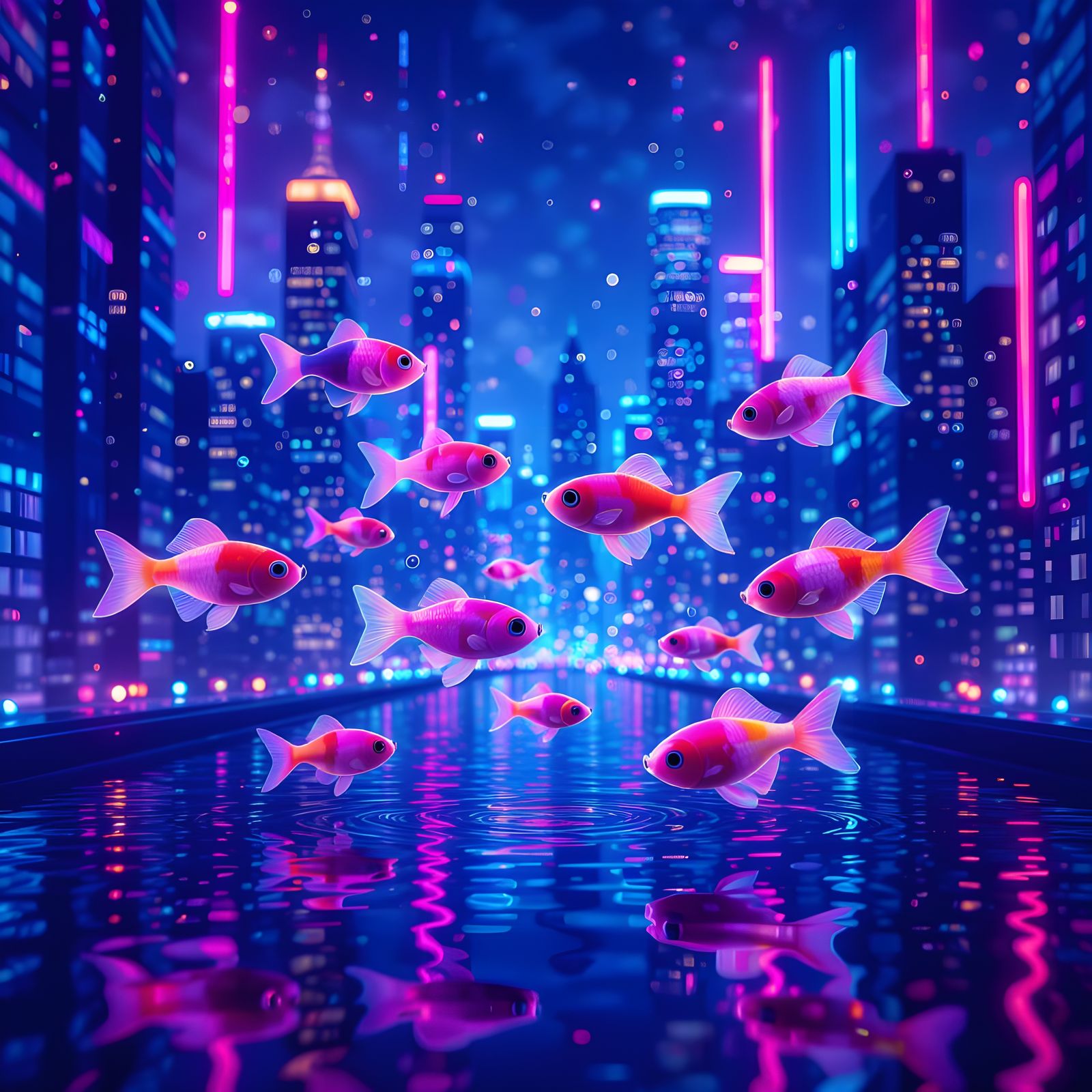 Ballon Mollies Swim in Neon-Lit Cityscape Tank