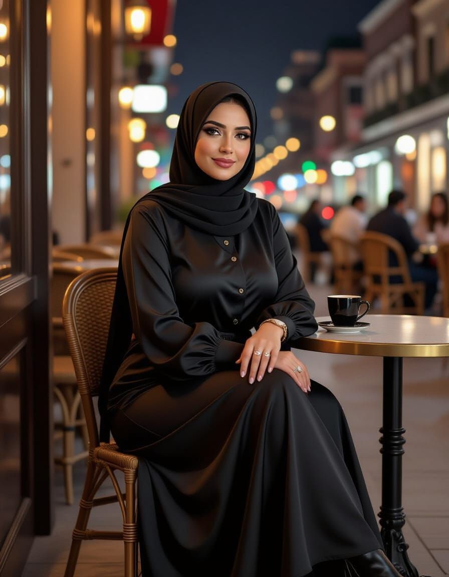 Hyperrealistic Portrait of a Smiling Hijabi Woman at Night
