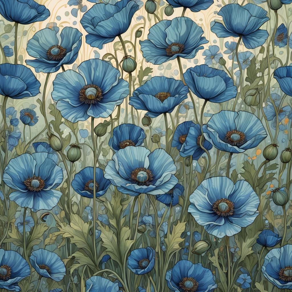 Blue Poppies in Bedroom, Detailed Splash Art