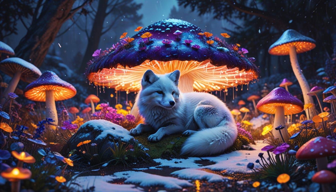 Vibrant Surreal Arctic Fox in a Neon Flower Garden