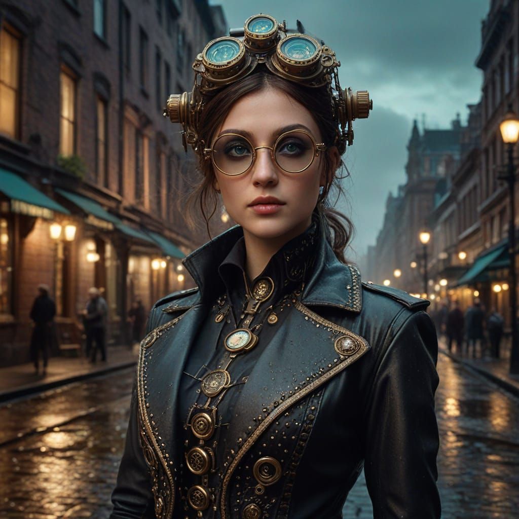 Steampunk Siren Illuminates Rainy City Nights