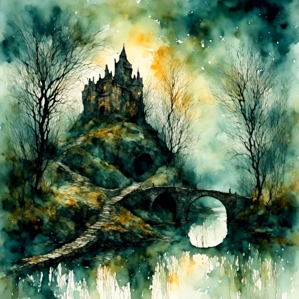 Moonlit Castle on Hill with Reflecting Water