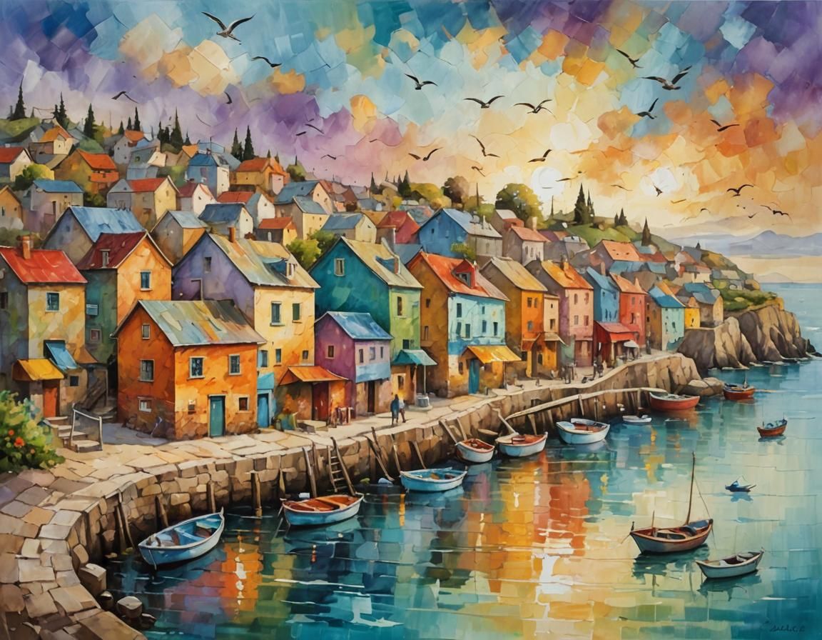 Charming Coastal Village as Expressionist Oil Painting