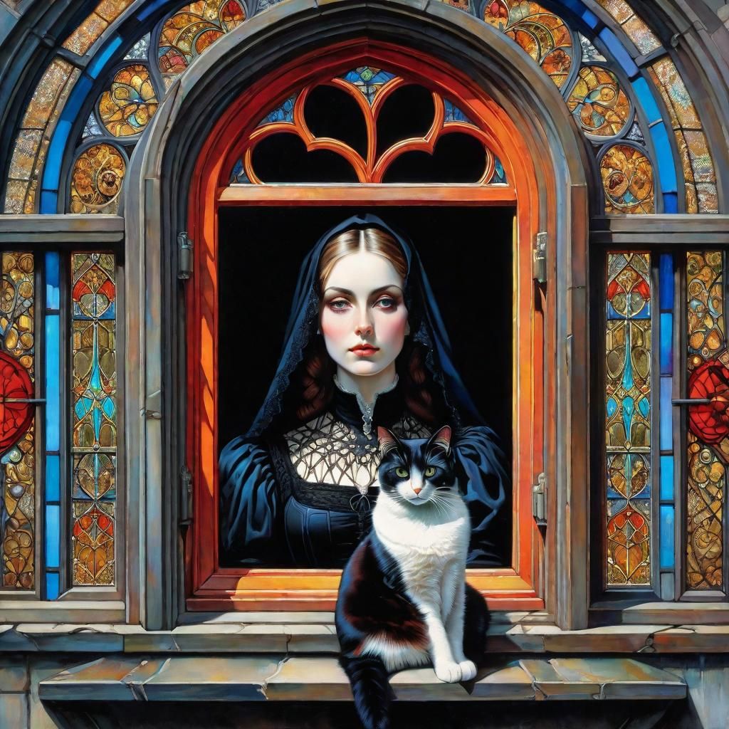 Woman and Cat at Gothic Window